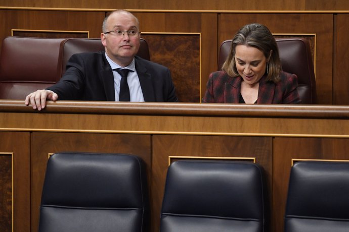 El portavoz del Grupo Parlamentario Popular en el Congreso, Miguel Tellado, y la secretaria general del PP, Cuca Gamarra, durante una sesión plenaria, en el Congreso de los Diputados, a 29 de febrero de 2024, en Madrid (España).