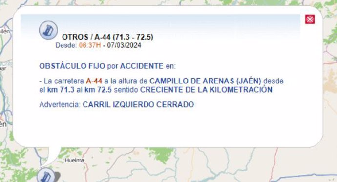 Aviso de la DGT sobre el corte de un carril de la A-44 en Campillo de Arenas (Jaén) por el vuelco de un camión
