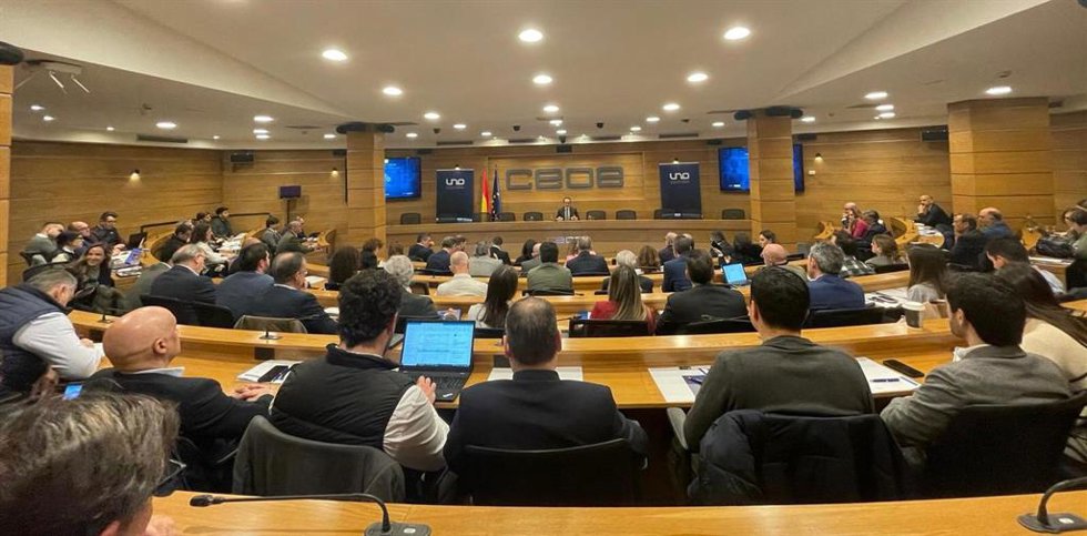 El presidente de UNO, Francisco Aranda, durante el acto en la sede de la CEOE