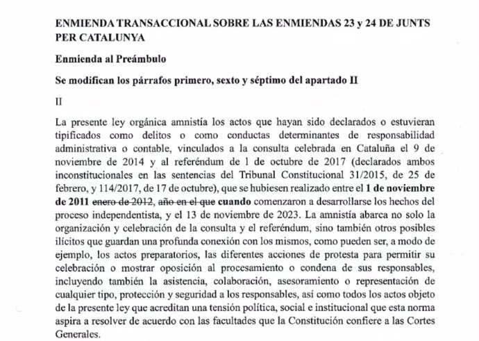 Enmiendas a la Ley de Amnistía pactadas por PSOE, Junts, ERC, EH Bilu, PNV y Sumar