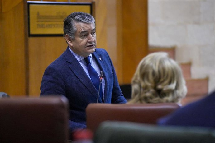 El consejero de Presidencia, Antonio Sanz, en el Pleno del Parlamento de Andalucía del 7 de marzo de 2024.