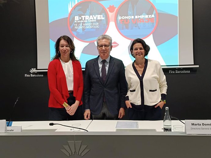 Serra, Sarrate y Domènech en la presentación del B-Travel 2024 de este jueves