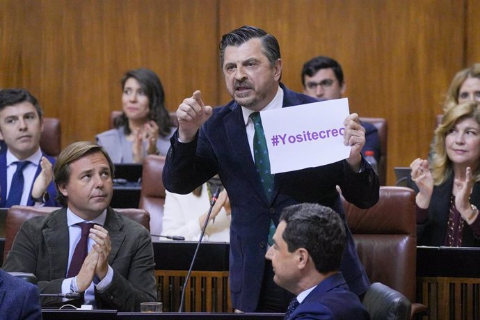 El portavoz del Grupo Popular, Toni Martín, este jueves en el Pleno del Parlamento. 