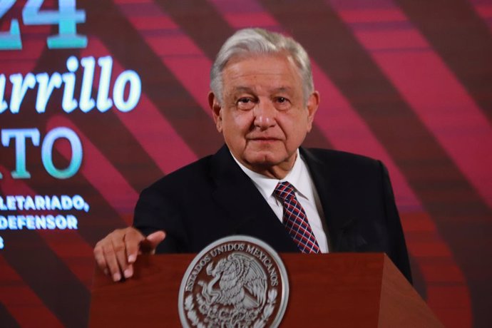 March 6, 2024, Mexico City, Mexico: President of Mexico, Andres Manuel Lopez Obrador, is speaking during the daily briefing conference in front of the media at the National Palace in Mexico City, Mexico, on March 6, 2024.