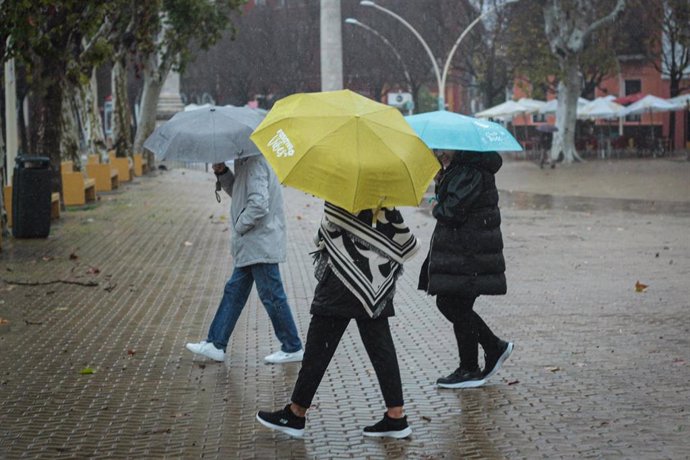 Tres personas se protegen de la lluvia con paraguas. A 9 de febrero de 2024, en Sevilla (Andalucía, España).