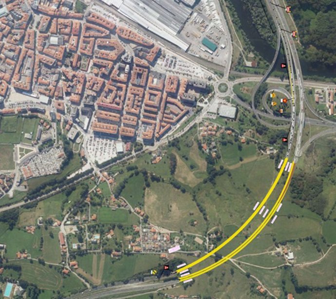Vista aérea del túnel de Torrelavega en sentido Oviedo/Santander