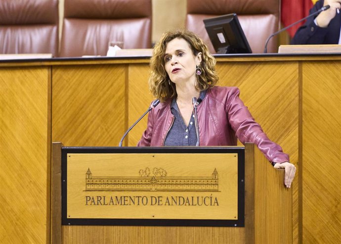 La portavoz adjunta de Por Andalucía, Esperanza Gómez, este jueves en el Pleno del Parlamento en la defensa de la PNL.