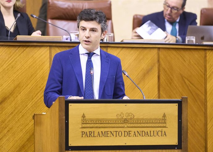 El diputado del PP-A Jorge Saavedra, este jueves en el Pleno en la defensa de la PNL sobre Granada como sede de la Agencia Estatal de Salud Pública.