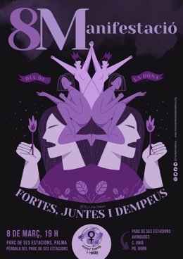 Cartel rectificado con el recorrido de la manifestación del 8M convocada por el Movimiento Feminista de Mallorca.