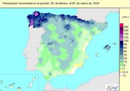 Las precipitaciones acumuladas en España desde el inicio del año hidrológico, el pasado 1 de octubre de 2023, hasta el 5 de marzo de 2024 se encuentran un 3% por encima de su valor normal