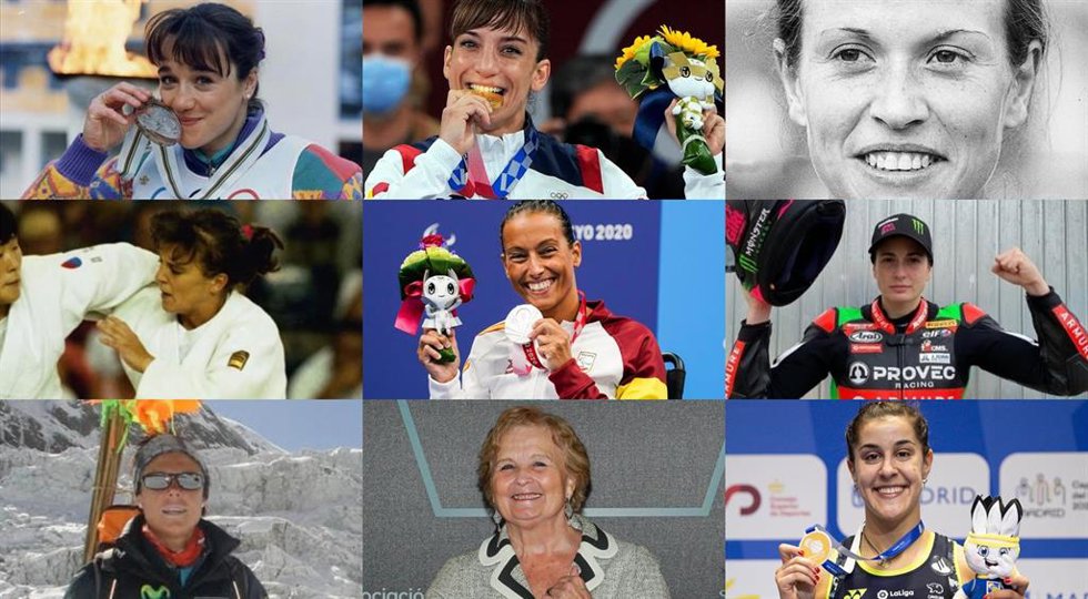 Blanca Fernández Ochoa, Sandra Sánchez, Carmen Valero, Miriam Blasco, Teresa Perales, Ana Carrasco, Edurne Pasaban; Carmen Arce 'Kubalita' y Carolina Marín