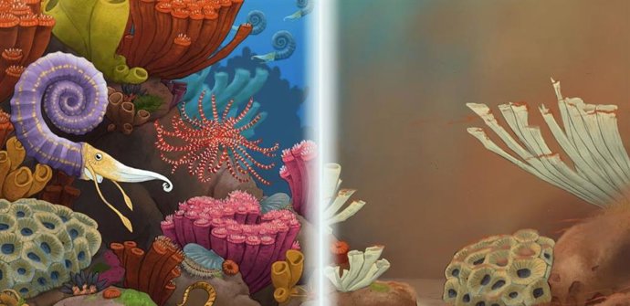 Ilustración de un arrecife con vida junto a otro muerto