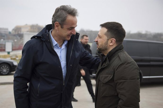 March 6, 2024, Odessa, Ukraine: Ukrainian President Volodymyr Zelenskyy, right, welcomes Greek Prime Minister Kyriakos Mitsotakis, left, on arrival at the Odesa Commercial Sea Port to inspect the progress of the "U.N. grain corridor", March 6, 2024 in Ode