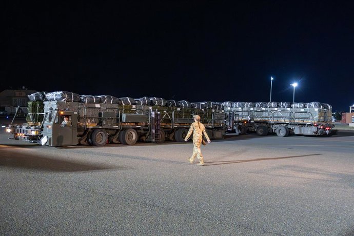 March 5, 2024, Undisclosed Location, USA: U.S. Air Force K-loaders filled with pallets of Halal meals destined for an airdrop over Gaza are readied for load onto a U.S. Air Force C-130J Super Hercules at an undisclosed location in the U.S. Central Comma