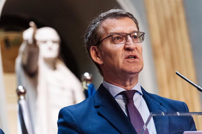 El presidente del Partido Popular, Alberto Núñez Feijóo, presenta una iniciativa en la Cámara Alta del Senado, a 29 de febrero de 2024, en Madrid (España). 