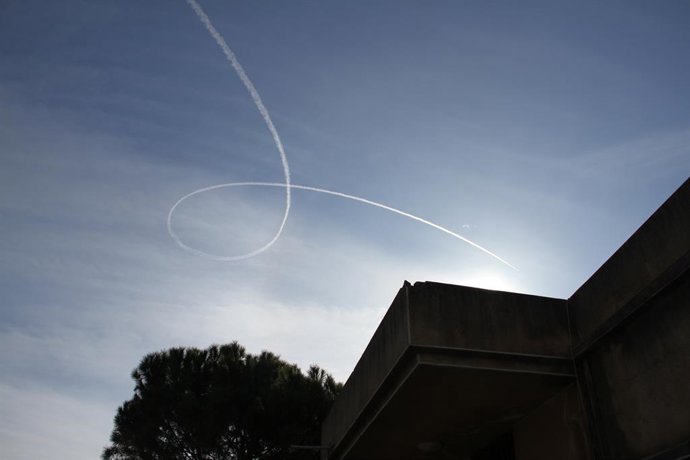 BEKAA, Feb. 27, 2024  -- An Israeli plane flies in the airspace of the Bekaa region in eastern Lebanon, Feb. 26, 2024. The Lebanese-Israeli border region has been tense since Oct. 8, 2023, when Hezbollah launched dozens of rockets at Israel in solidarity 