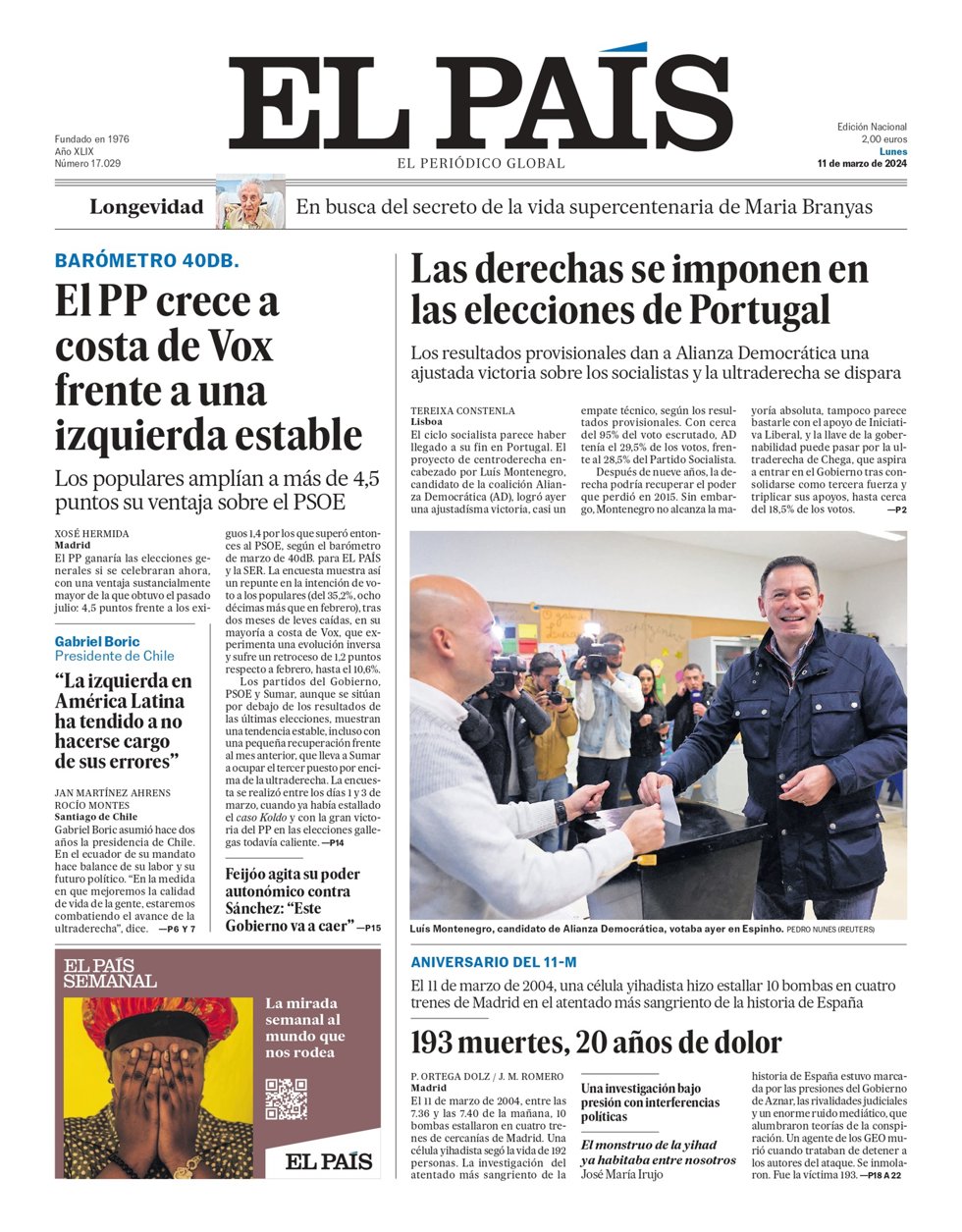 Portada de El País 11 de marzo de 2024