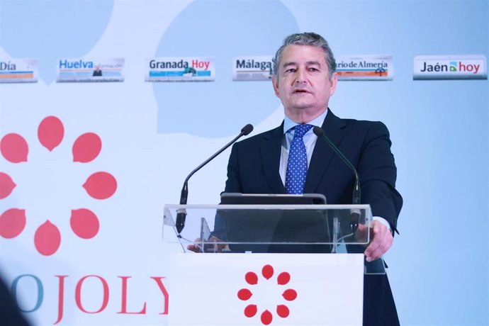 El consejero de la Presidencia, Interior, Diálogo Social y Simplificación Administrativa, Antonio Sanz, durante su intervención en el Foro Joly en Cádiz. 