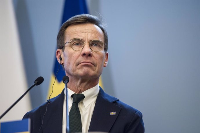 February 19, 2024, Warsaw, Poland: Sweden's prime minister Ulf Kristersson speaks at a press conference with PM Donald Tusk in Warsaw. The Swedish Prime Minister Ulf Kristersson visited Poland and met with Donald Tusk, Poland's PM. The prime ministers tal