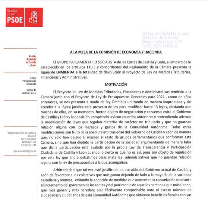 Captura de la enmienda a la totalidad al proyecto de Ley de Medidas registrada este lunes por el Grupo Socialista