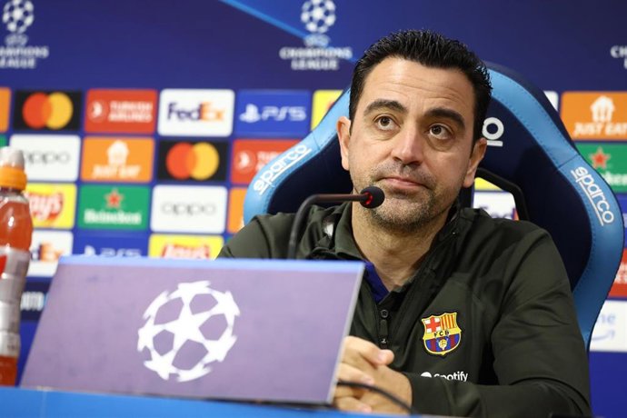 FC Barcelona coach Xavi Hernandez attends a press conference