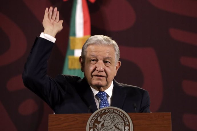 February 27, 2024, Mexico City, Mexico: Mexico's President Andres Manuel Lopez Obrador is gesticulating while speaking during his briefing conference at the National Palace in Mexico City, Mexico, on February 27, 2024.