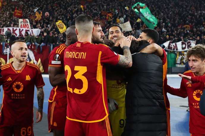 Players of Roma celebrate the victory at the end of the UEFA Europa League, Play-off, 2nd leg football match between AS Roma and Feyenoord on February 22, 2024 at Stadio Olimpico in Rome, Italy