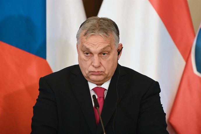 February 27, 2024, Prague, Czech Republic: Hungarian prime minister, Viktor Orban is seen during a joint press conference after summit of the Visegrad Group (V4) in Prague. Prime ministers of the Czech Republic, Slovakia, Poland and Hungary meets at the