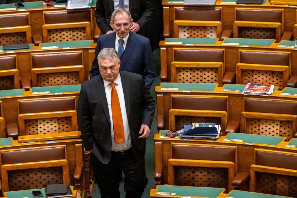 26 February 2024, Hungary, Budapest: Hungarian Prime Minister Viktor Orban arrives for the swearing-in ceremony of newly elected Hungarian President Tamas Sulyok at the Parliament building in Budapest. Photo: Marton Monus/dpa