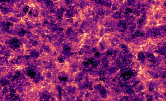 Un mapa de materia derivado de uno de los universos simulados. Las zonas más claras del mapa muestran las regiones donde la materia oscura es más densa.