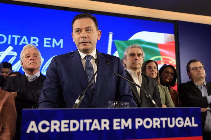 March 11, 2024, Lisboa, Portugal: Lisbon, 10/03/2024 - Luis Montenegro, president of the PSD, makes his first statements during election night at the Hotel Sana MarquÃªs where the Democratic Alliance (AD): Social Democratic Party (PSD), People's Party (CD