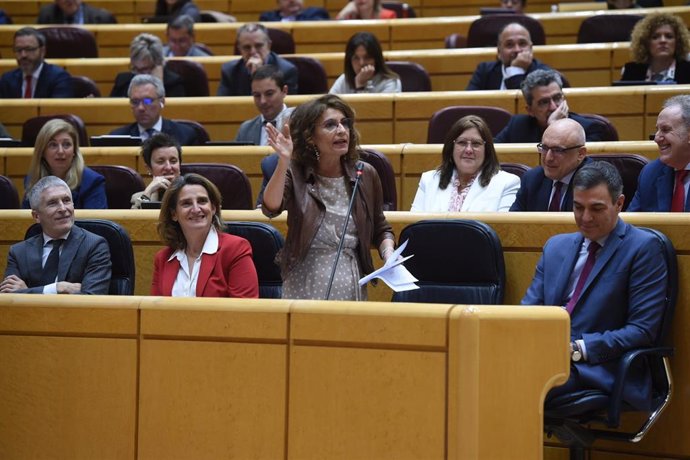 La vicepresidenta primera del Gobierno y ministra de Hacienda, María Jesús Montero, interviene durante una sesión de control al Gobierno, en el Senado, a 12 de marzo de 2024, en Madrid (España).