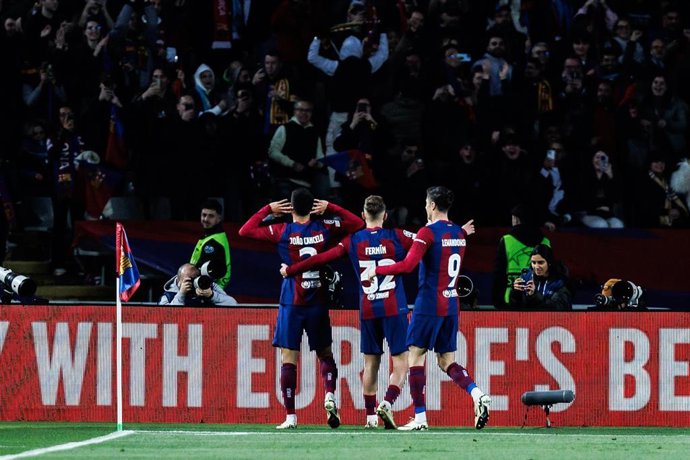 Joao Cancelo of FC Barcelona celebrates a goal during the UEFA Champions League round of 16 second leg, match played between FC Barcelona and SSC Napoli at Estadio Olimpico de Montjuic on March 12, 2024 in Barcelona, Spain.