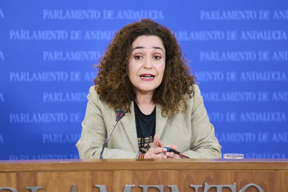 La portavoz del Grupo Por Andalucía, Inmaculada Nieto, durante la ronda de ruedas de prensa de portavoces de los grupos parlamentarios en el Parlamento de Andalucía, a 13 de marzo de 2024 en Sevilla (Andalucía, España). Los portavoces de los grupos parl