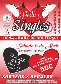 Cartel de la 'Fiesta de Singles' que se organiza en Celanova (Ourense) para el día 6 de abril