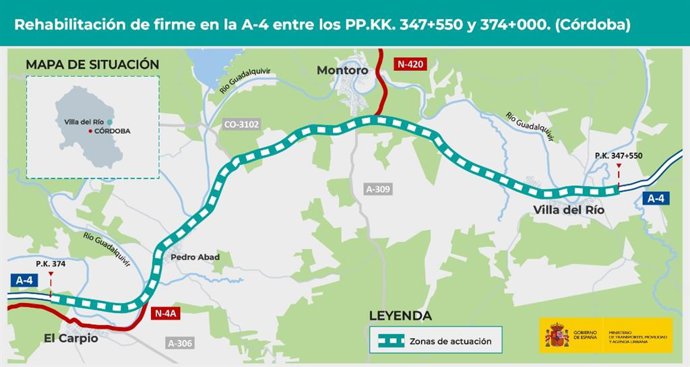 Mapa que muestra el tramo de la A-4 en la que Transportes rehabilitará el firme.