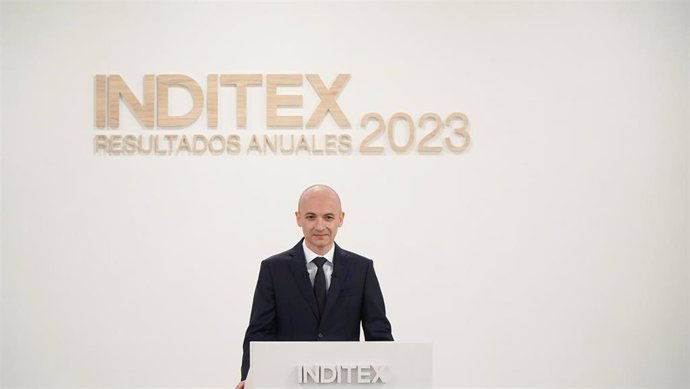 El consejero delegado de Inditex, Óscar García Maceiras, durante la presentación de los resultados del ejercicio 2023 de Inditex