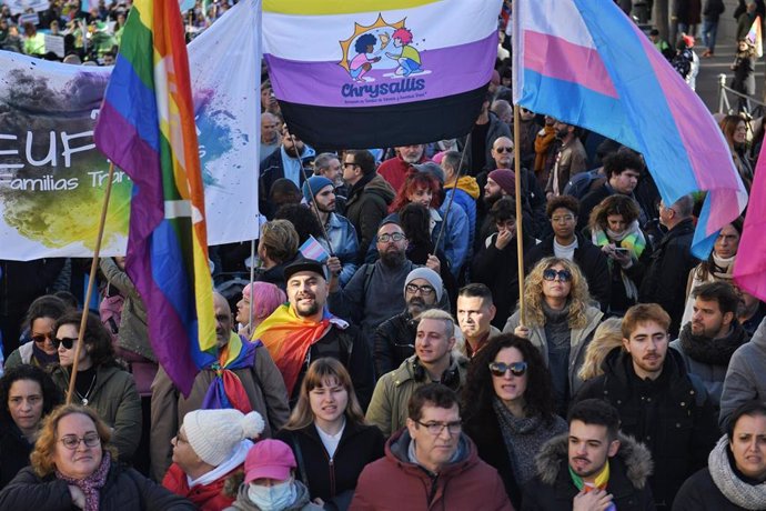 Archivo - Decenas de personas durante una manifestación en defensa de la Ley LGTBI y la Ley Trans de la Comunidad de Madrid, a 17 de diciembre de 2023, en Madrid (España). 
