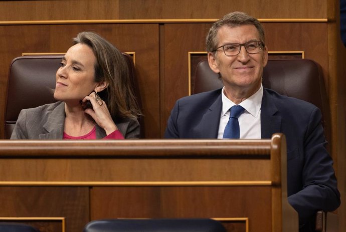 La secretaria general del PP, Cuca Gamarra y el líder del PP, Alberto Núñez Feijóo, durante una sesión de control al Gobierno, en el Congreso de los Diputados, a 13 de marzo de 2024, en Madrid (España).  El denominado 'caso Koldo', la supuesta trama de 
