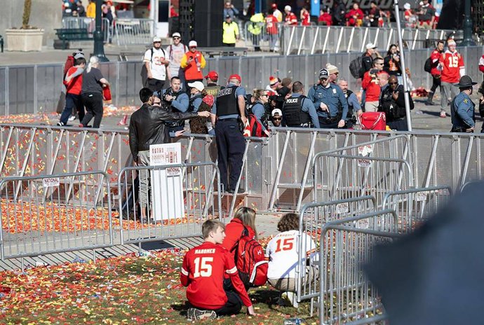 February 15, 2024: People crouch after shots rang out near Union Station after the Kansas City Chiefs Super Bowl LVIII championship rally on Feb. 14, 2024, at Union Station in Kansas City.