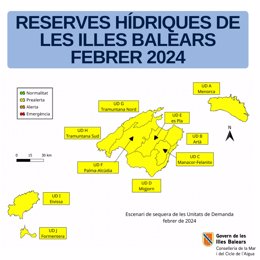 Mapa de las reservas hídricas de Baleares en febrero.