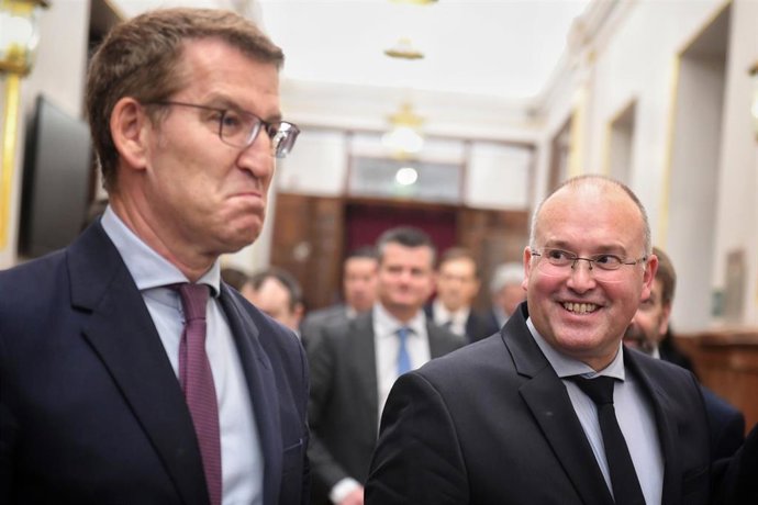El presidente del Partido Popular, Alberto Núñez Feijóo (i), y el portavoz del Grupo Parlamentario Popular en el Congreso, Miguel Tellado (d), a su salida de una sesión plenaria, en el Congreso de los Diputados, a 29 de febrero de 2024, en Madrid (Españ