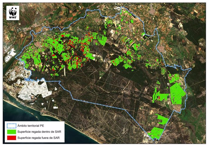 Mapa elaborado por WWF sobre hectáreas dentro y fuera de la superficie regable.