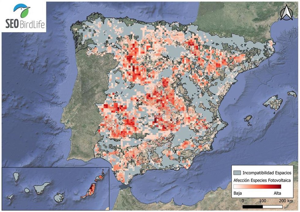 SEO/BirdLife crea unos mapas para evitar el impacto negativo del desarrollo de las energías renovables en las aves. Este está centrado en el impacto de la energía fotovoltaica.