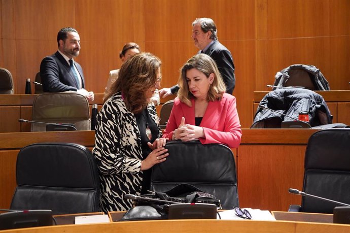 La consejera de Educación, Ciencia y Universidades del Gobierno de Aragón, Claudia Pérez Forniés, conversa con una diputada antes del inicio de la sesión plenaria.