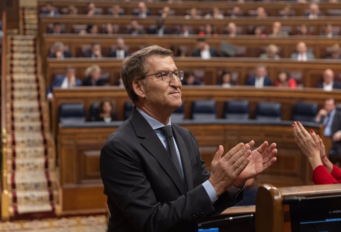 El líder del PP, Alberto Núñez Feijóo, es aplaudido por sus diputados tras la intervención, durante una sesión plenaria, en el Congreso de los Diputados, a 14 de marzo de 2024, en Madrid (España).