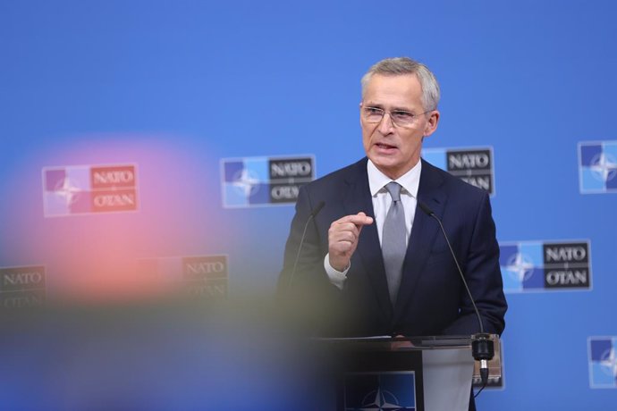 BRUSSELS, Feb. 15, 2024  -- NATO Secretary General Jens Stoltenberg attends a press conference during a meeting of NATO defense ministers at the NATO headquarters in Brussels, Belgium, on Feb. 15, 2024. The North Atlantic Treaty Organization (NATO) sought
