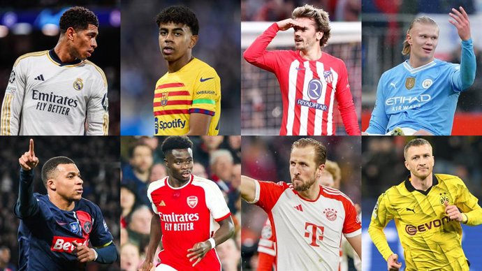 Los futbolistas Jude Bellingham (Real Madrid), Lamine Yamal (FC Barcelona), Antoine Griezmann (Atlético de Madrid), Erling Haaland (Manchester City), Kylian Mbappé (PSG), Bukayo Saka (Arsenal), Harry Kane (Bayern) y Marco Reus (Borussia Dortmund).