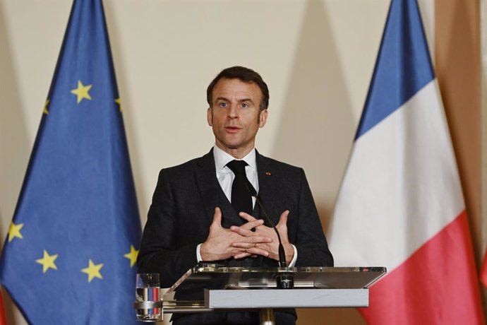 March 5, 2024, Prague, Czech Republic: French president Emmanuel Macron is seen during a joint press conference after meeting with Czech prime minister Petr Fiala (Not in view) in Prague. President of France Emmanuel Macron meets with Prime minister of th