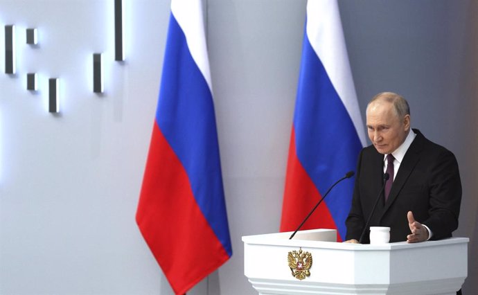 February 29, 2024, Moscow, Russia: Russian President Vladimir Putin delivers the annual address to the Federal Assembly at Gostiny Dvor, February 29, 2024 in Moscow, Russia. During the speech Putin threatened the west with nuclear weapons if NATO sends tr